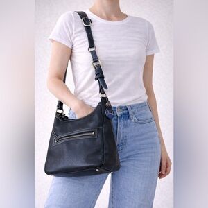 Women's Black Leather Shoulder Bag with Adjustable Strap
